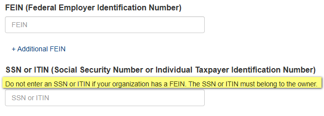 This is a screenshot of the organization Self-Query form for the SSN and FEIN section.