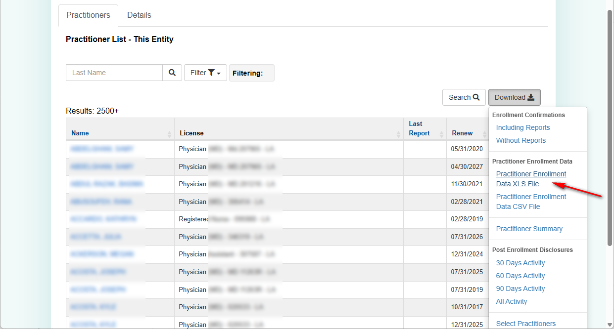 This is a screenshot of the practitioner list page.