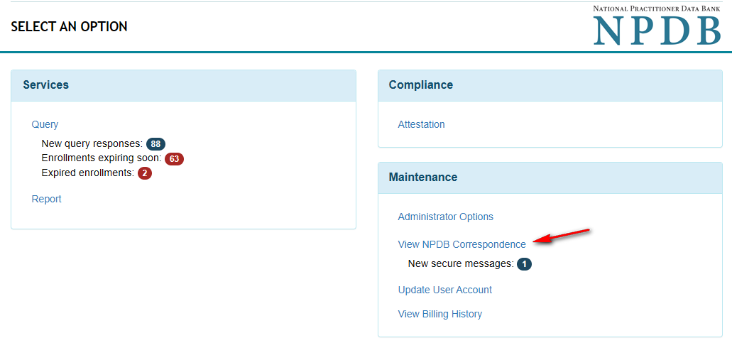 This is a screenshot of the Select an Option page, highlighting the NPDB Correspondence section of the page.