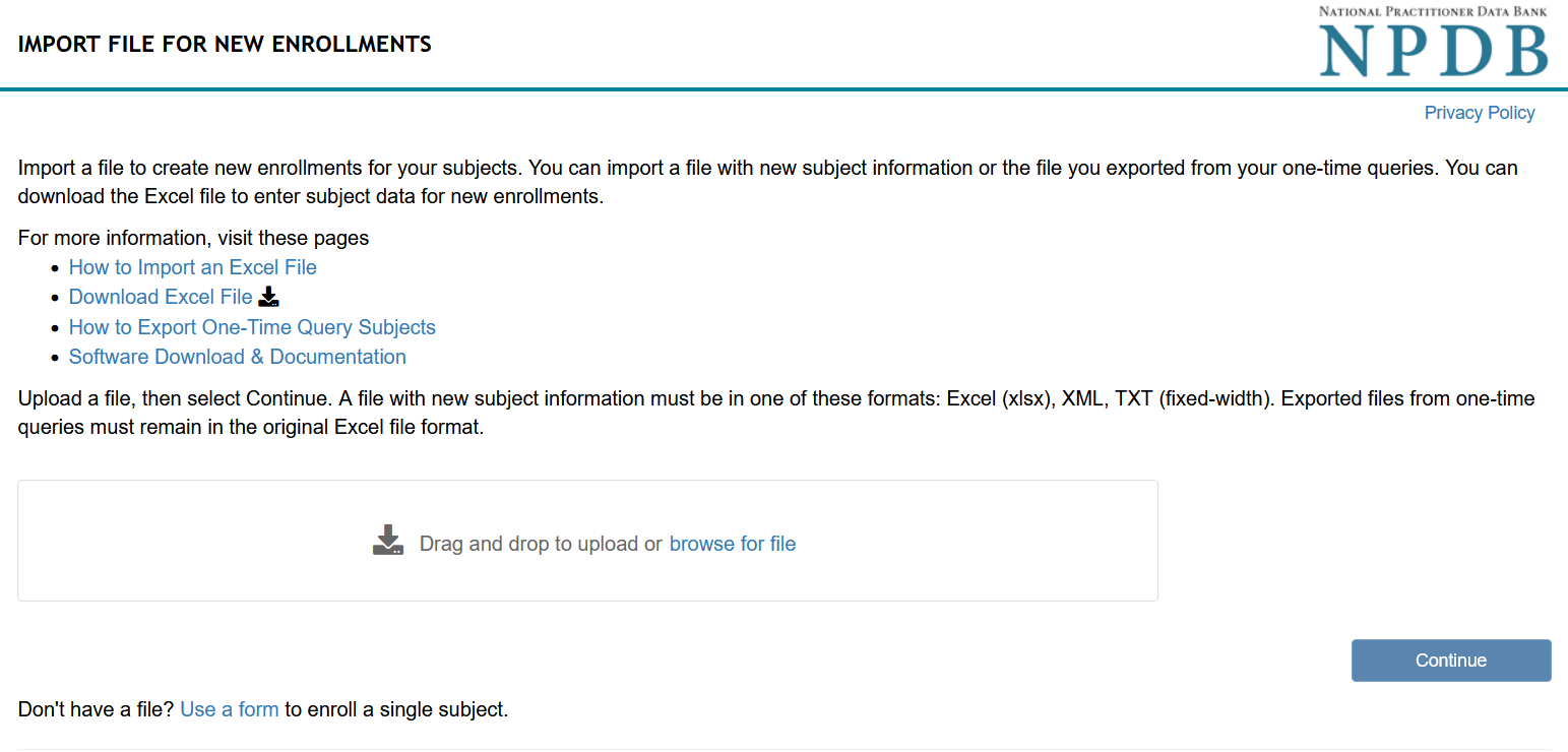 Screenshot of the Import File for New Enrollments Page