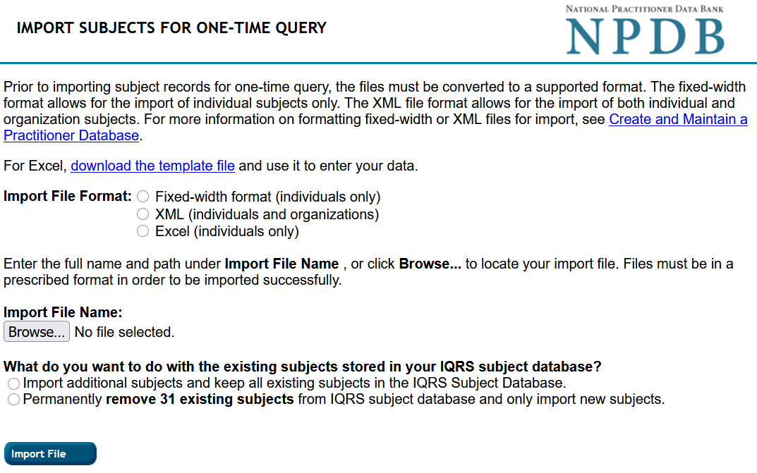Screenshot of the Import Subjects for One-Time Query Page