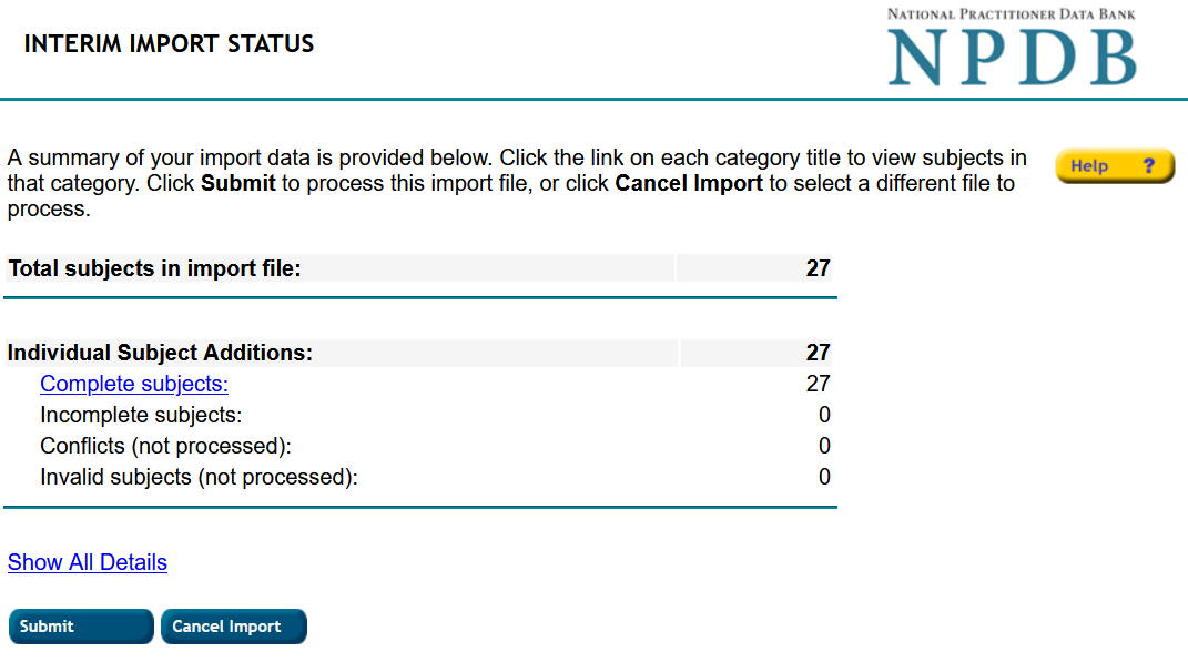 Screenshot of the Interim Import Status Page